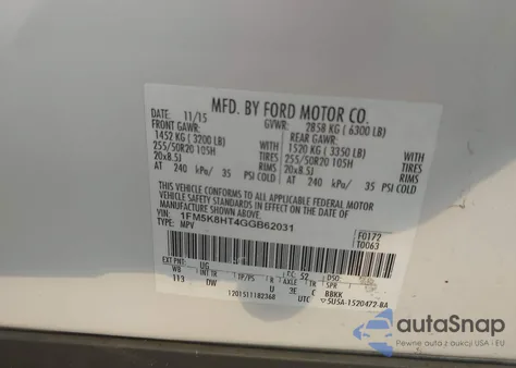 2016 Ford Explorer Platinum z USA, uszkodzony, nr VIN 1FM5K8HT4GGB62031